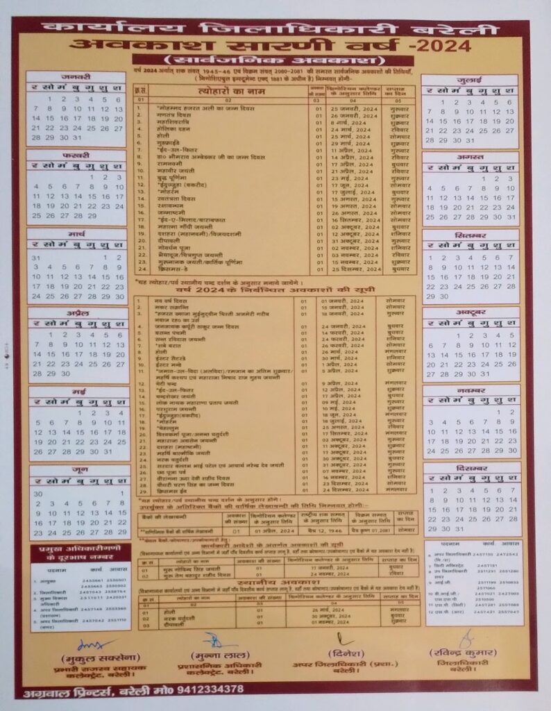 Basic shiksha अवकाश सारणी वर्ष 2024 , कार्यालय जिलाधिकारी Basic